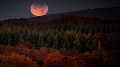 The partially shaded red-coloured Moon over Palas de Rei, Galicia, in north-west Spain, on November 19, 2021. The partial lunar eclipse, the last of 2021, was visible from Spain, other parts of Europe, North and South America, Australia and Asia. EPA