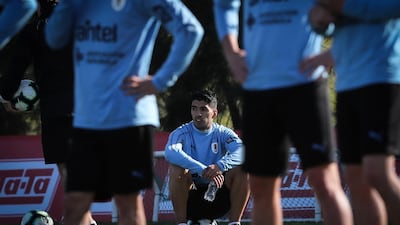 Uruguay striker Luis Suarez sits out a training session with the national team in Montevideo. The Barcelona striker joined up with his teammates last week after undergoing a meniscus on May 10. EPA