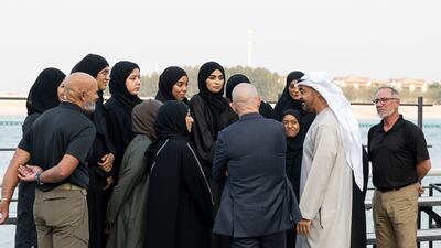 The UAE Army Women's mountaineering team with President Sheikh Mohamed during a Sea Palace barza. Credit: UAE Presidential Court