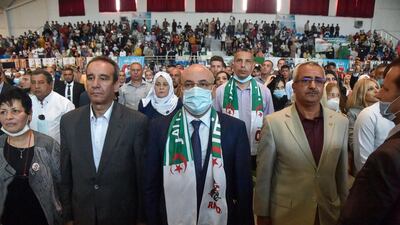 Secretary general of Algeria's Democratic National Rally Tayeb Zitouni, centre, attends a campaign event in Algiers. AFP