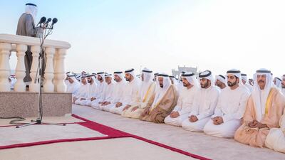 Dr Sheikh Sultan bin Mohammed Al Qasimi, Supreme Council Member and Ruler of Sharjah performs Eid Al Fitr prayers at Al Badea Mussala in Sharjah. Wam