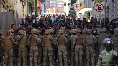 Military police block entry to Plaza Murillo in La Paz, Bolivia. AP
