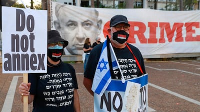 Protesters gather in Tel Aviv's Rabin Square on June 6, 2020, to denounce Israel's plan to annex parts of the occupied West Bank. Israeli Prime Minister Benjamin Netanyahu has vowed to forge ahead with President Donald Trump's Middle East peace plan. AFP