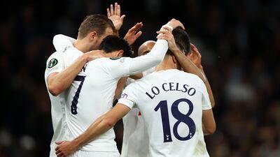 Harry Kane celebrates with Tottenham team mates after scoring his sides fifth goal against NS Mura at Tottenham Hotspur Stadium. Getty