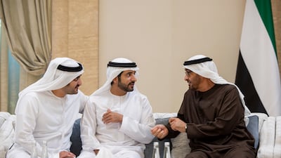 President Sheikh Mohamed receives condolences from Sheikh Hamdan bin Mohammed, Crown Prince of Dubai, and Sheikh Maktoum bin Mohammed, Deputy Prime Minister and Minister of Finance and First Deputy Ruler of Dubai, on the passing of Sheikh Tahnoon bin Mohammed, Ruler's Representative in Al Ain Region, at Al Mushrif Palace. Ryan Carter / UAE Presidential Court