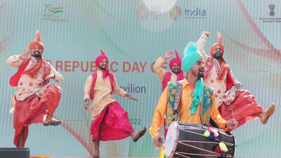 Artists perform cultural dances during the Republic Day celebrations at the Expo site in Dubai. Pawan Singh / The National