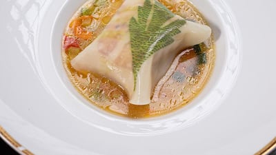 Cod with herbs and basil in vegetable juice at L’Atelier de Joel Robuchon