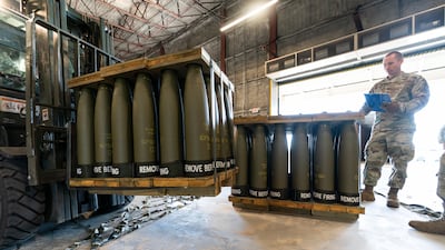 Pallets of 155mm shells ultimately bound for Ukraine are seen at Dover Air Force Base, Delaware. AP
