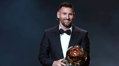 Argentine international Lionel Messi with his eighth Ballon d'Or in Paris on October 30. EPA