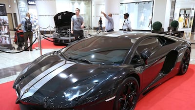 The Lamborghini Aventador that was featured in the movie Fast and Furious 7 on display in the Roaring Engines Like Never Before show in Sharjah. Pawan Singh / The National