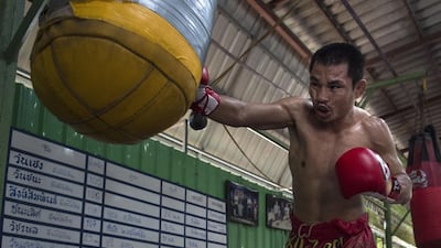 World Boxing Council (WBC) mini-flyweight champion, Wanheng Menayothin, punching a bag during a training session in Bangkok. Lillian Suwanrumpha / AFP