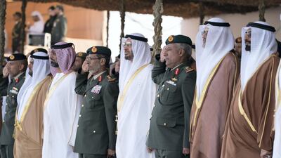 From right to left Mohamed Ahmad Al Bowardi, UAE Minister of State for Defence Affairs, Sheikh Sultan bin Mohamed Al Qasimi, Crown Prince of Sharjah, Brigadier Faisal Mohamed Al Shehhi, Sheikh Mohammed bin Zayed, Lt Gen Hamad Thani Al Romaithi, Chief of Staff UAE Armed Forces, Sheikh Ammar bin Humaid Al Nuaimi, Crown Prince of Ajman, Sheikh Mohamed bin Hamad Al Sharqi, Crown Prince of Fujairah, and Major Gen Pilot Sheikh Ahmed bin Tahnoon , Chairman of the National and Reserve Service Authority, attend the graduation ceremony of the 8th cohort of National Service recruits and the 6th cohort of National Service volunteers at Zayed Military City. Hamad Al Kaabi / Crown Prince Court - Abu Dhabi
