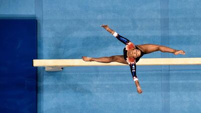 Great Britain's Georgia-Mae Fenton competes in the balance beam event at the 2019 European Games in Minsk. AFP