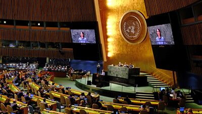 Germany’s Foreign Minister Annalena Baerbock speaks on the Russia-Ukraine conflict at the General Assembly emergency special session in New York, on March 1, 2022. AFP