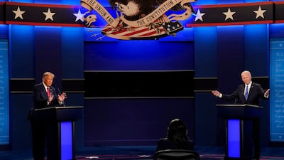 Then-president Donald Trump and Democratic candidate Joe Biden in the final debate before the 2020 election. AP