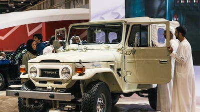 A 1970 Toyota Land Cruiser on display the opening night of the Dubai International Motor Show. Alex Atack for The National