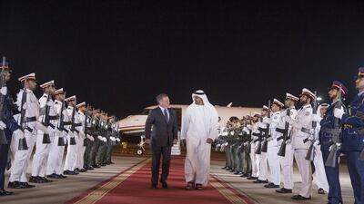 Sheikh Mohammed bin Zayed, Crown Prince of Abu Dhabi and Deputy Supreme Commander of the Armed Forces, receives King Abdullah II of Jordan at the Presidential Airport on Sunday. Mohammed Al Hammadi / Crown Prince Court - Abu Dhabi
