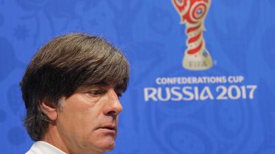 Germany manager Joachim Low arrives at a news conference at the Fisht Stadium in Sochi, Russia, Wednesday, June 28, 2017. Germany will play against Mexico in semi-final of the Confederations Cup on Thursday.