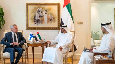 Sheikh Mohamed bin Zayed, Crown Prince of Abu Dhabi and Deputy Supreme Commander of the UAE Armed Forces meets with Pekka Haavisto, Foriegn Minister of Finland (L), at the Sea Palace. ( Rashed Al Mansoori / Ministry of Presidential Affairs )