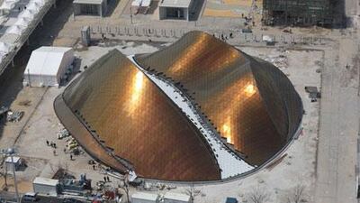 An aerial view of the United Arab Emirates Pavilion at the World Expo site in Shanghai, taken at the end of March March, 2010. Shanghai is set to open the World Expo on May 1 by setting the skies along its riverfront ablaze with fireworks, welcoming the huge showcase of culture and technology with a bang.