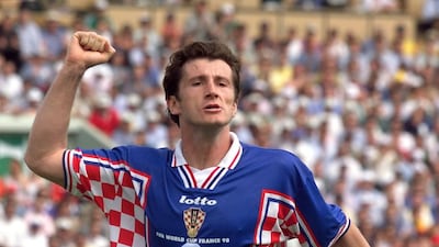 Croatian forward Davor Suker jubilates after scoring a penalty on June 30, 1998 at the Parc Lescure in Bordeaux during the 1998 World Cup second round match between Croatia and Romania. AFP Photo
