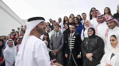 Sheikh Mohamed bin Zayed, Crown Prince of Abu Dhabi and Deputy Supreme Commander of the UAE Armed Forces, speaks to members of the Young Arab Media Leaders Programme, during a Sea Palace barza. Mohamed Al Hammadi / Ministry of Presidential Affairs