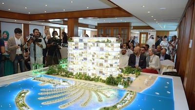 Using a press conference and marketing shindig aboard a 125 foot super yacht sailing from Dubai Marina, Azizi attempted to lure potential investors to shell out between Dh2.2 million and Dh4.5m on a block of 90 partly-built apartments on Palm Jumeirah. Courtesy Azizi Developments