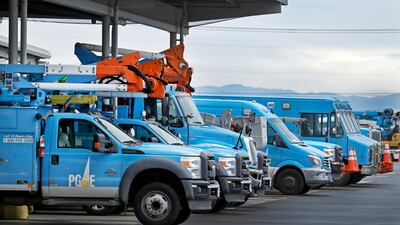 PG&E vehicles in Oakland, California. The firm filed for bankruptcy protection in January. Photo: AP