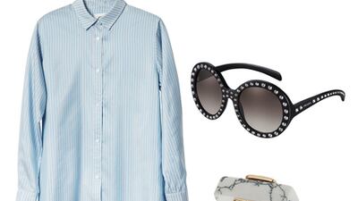 Comfort is key this season and there’s no better way to reflect that sentiment than with a boyfriend-style striped shirt in sky blue with leggings and matching flatworms. Studded shades, a marble stone ring and panelled tote add just the right amount of zing. 1. Shirt, Dh299, H&M. 2. Leggings, Dh95, New Look. 3. Sunglasses, Dh 2,475, Prada at Harvey Nichols. 4. Ring, Dh40, Topshop. 5. Sandals, Dh275, Aldo, Marina Mall, 02 681 5798; Mall of the Emirates, 04 341 0362. 6. Tote, Dh205, Next.