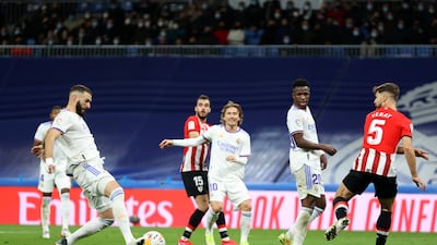 Karim Benzema scores for Real Madrid against Athletic Bilbao. Getty Images