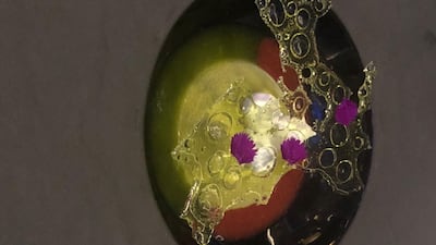 Pistachio and mastiha parfait, with strawberry and melon coulis at Mazi