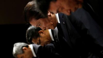 Mitsubishi Materials Corp. president Akira Takeuchi bows with executive vice president Naoki Ono , Mitsubishi Shindoh Co. President Kazumasa Hori and Mitsubishi Cable Industries Ltd. president Nobuhiro Takayanagi during a news conference in Tokyo, Japan. Toru Hanai / Reuters