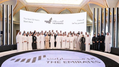 Sheikh Mohammed bin Rashid, Sheikh Mohamed bin Zayed, and UAE ministers unveil the country's new logo. Wam
