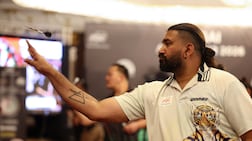 Nitin Kumar playing at the PDC Asia Tour event at Le Meridien in Dubai. Chris Whiteoak / The National