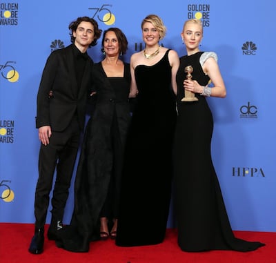 'Lady Bird' stars take part in the red carpet blackout at the 2018 Golden Globes in solidarity with sexual harassment victims. Mike Nelson / EPA