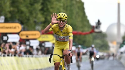 UAE Team Emirates-XRG's Tadej Pogacar celebrates winning the Tour de France at the end of Stage 21 on Sunday. AFP