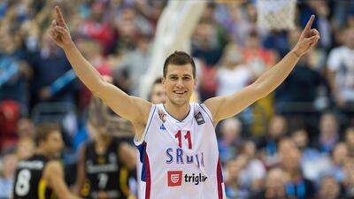 Serbia's Nemanja Bjelica of the Minnesota Timberwolves cheers after a EuroBasket 2015 victory on Sunday. Lukas Schulze / EPA