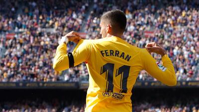 Barcelona's Ferran Torres celebrates after scoring. Reuters