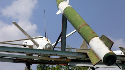 A display of Houthi-made mock drones and missiles in Sana'a, Yemen, on August 4, 2026. EPA