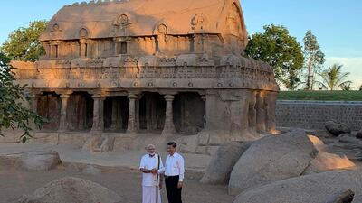 The Chinese and Indian leaders toured several sites in the historical south Indian town. Mr Xi arrived in India on Friday and left on Saturday after a round of meetings. AP Photo