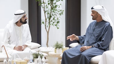 President Sheikh Mohamed and Sheikh Mohammed bin Rashid, Vice President and Ruler of Dubai, discuss the UAE's efforts to keep the country safe from Iranian attacks. Abdulla Al Neyadi / UAE Presidential Court