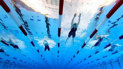 Left to right: Rachel Bernhardt, Micah Sumrall, Lilly King, Kathleen Baker and Bethany Galat compete in the women's 100 metre breastroke Final on Day 2 of the TYR Pro Swim Series in San Antonio, Texas, on Friday, January 15. AFP