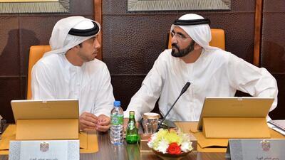 Sheikh Mohammed bin Rashid, the Prime Minister and Ruler of Dubai, in discussion with Sheikh Mansour bin Zayed, the Deputy Prime Minister and Minister of Presidential Affairs, during a Cabinet meeting. Wam