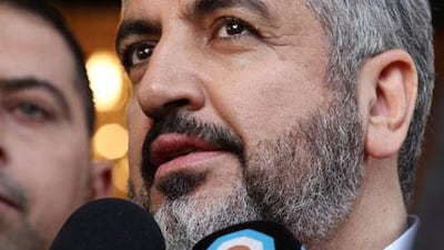 Hamas leader Khaled Meshaal talks to the media after a meeting with Palestinian President Mahmoud Abbas in November 2011.