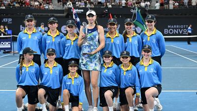 Elena Rybakina of Kazakhstan with the Brisbane International trophy after her win over Belarus' Aryna Sabalenka in the final at Queensland Tennis Centre on Sunday, January 7, 2024. EPA