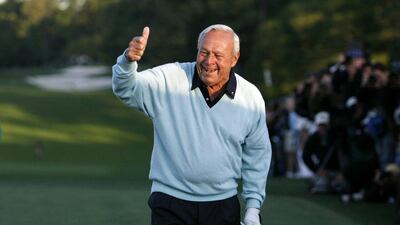 Honorary starter Arnold Palmer gestures after hitting a drive to begin the 2007 Masters golf tournament on the first tee at the Augusta National Golf Club in Augusta, Georgia, US on April 5, 2007. Mike Blake / Reuters