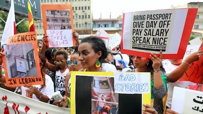 Migrant domestic workers in Beirut demonstrate against abuse, on June 24, 2018. AFP