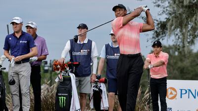 Tiger Woods tees off from the 10th hole during the first round of the PNC Championship. AP