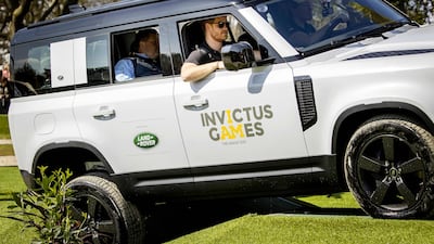 The Duke of Sussex during the Jaguar Land Rover driving challenge. AFP