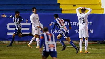 Alcoyano midfielder Juanan Casanova celebrates after scoring the winning goal in a 2-1 victory over Real Madrid. EPA